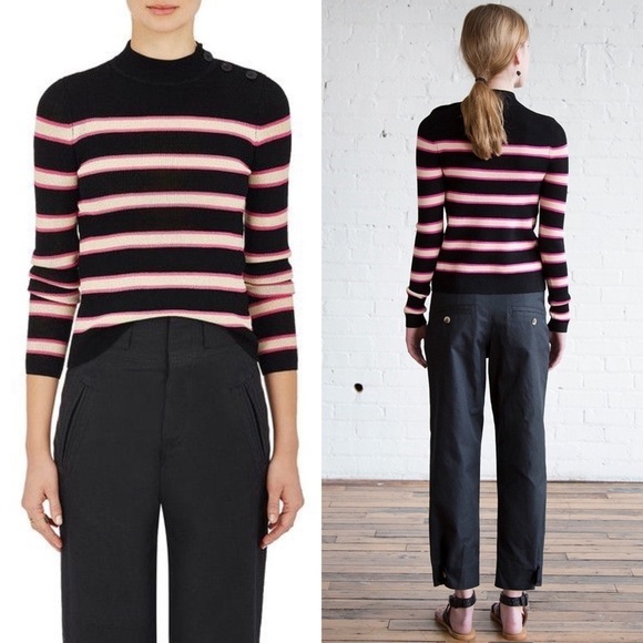 NEW ISABEL MARANT Knit Stripe Mockneck Shoulder Button Slim Pullover Sweater XS - Picture 2 of 11